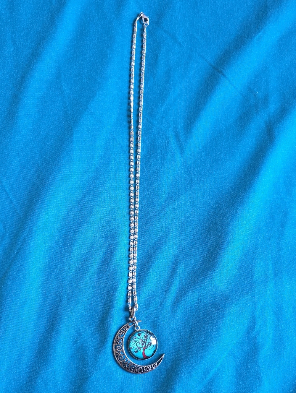 Silver Crescent Moon Tree of Life Pendant Necklace in Blue